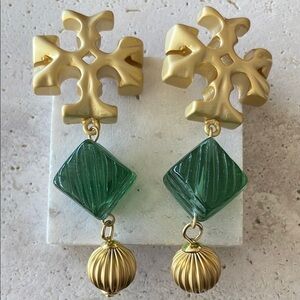 TORY BURCH Elegant Green and Gold Earrings